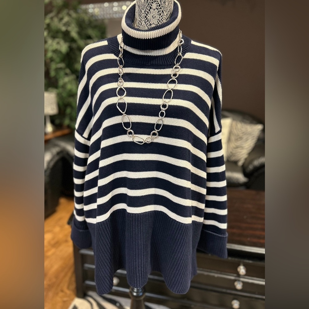 GAP Navy and Cream Striped Turtleneck Sweater - Picture 1 of 7